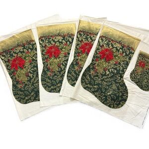 Christmas Stocking Fabric Panels Cut & Sew Poinsettia Gold Metallic Lot of 4